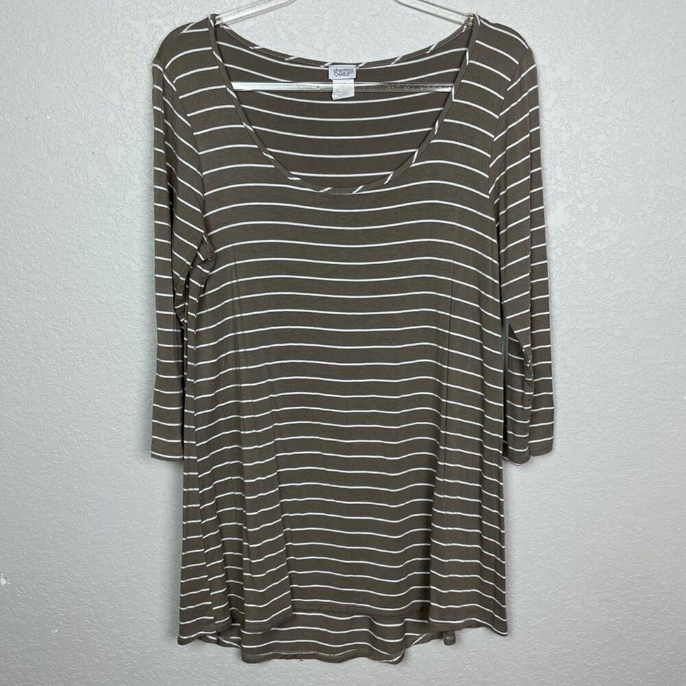 CHARMING CHARIE Taupe & White Striped Scoopneck Top Size L